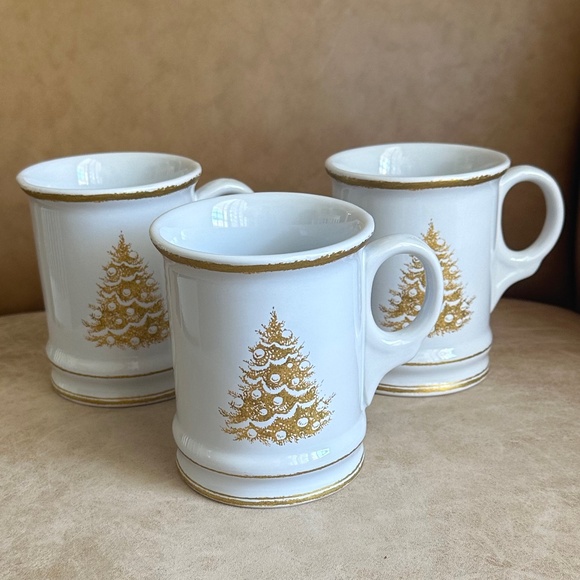 Set of 3 Williams-Sonoma Gold Christmas Tree 4 1/2" Mug White/Gold Holiday - Picture 1 of 10